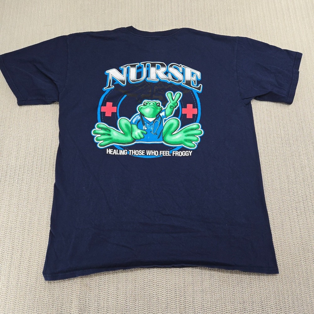 Peace Frogs Nurse Shirt Womens Large Blue Short Sleeve Graphic Tee
